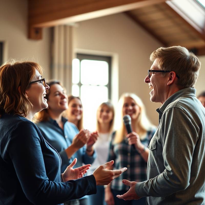 Afbeelding van een zangles, een groep mensen die samen zingen onder begeleiding van een coach