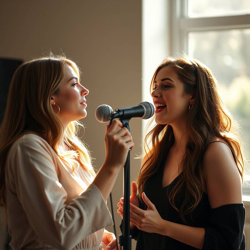 Afbeelding van een zangles, twee zangeressen die samen een duet oefenen